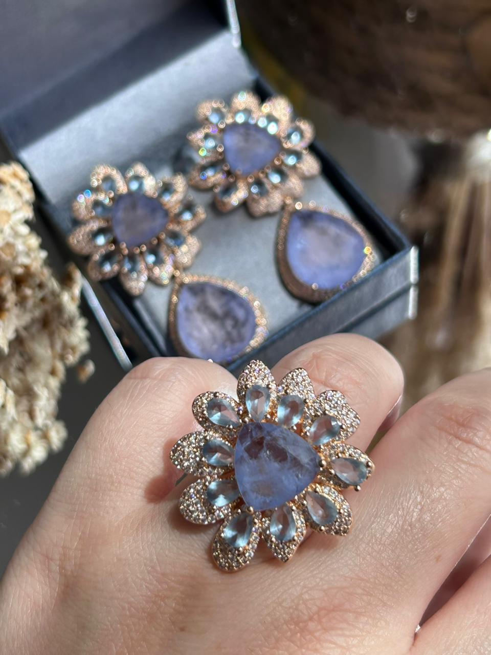 Conjunto Brinco e Anel Tanzanita Fusion