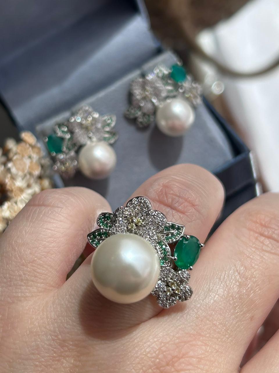 Conjunto Brinco e Anel Pérola e Folhas Verdes