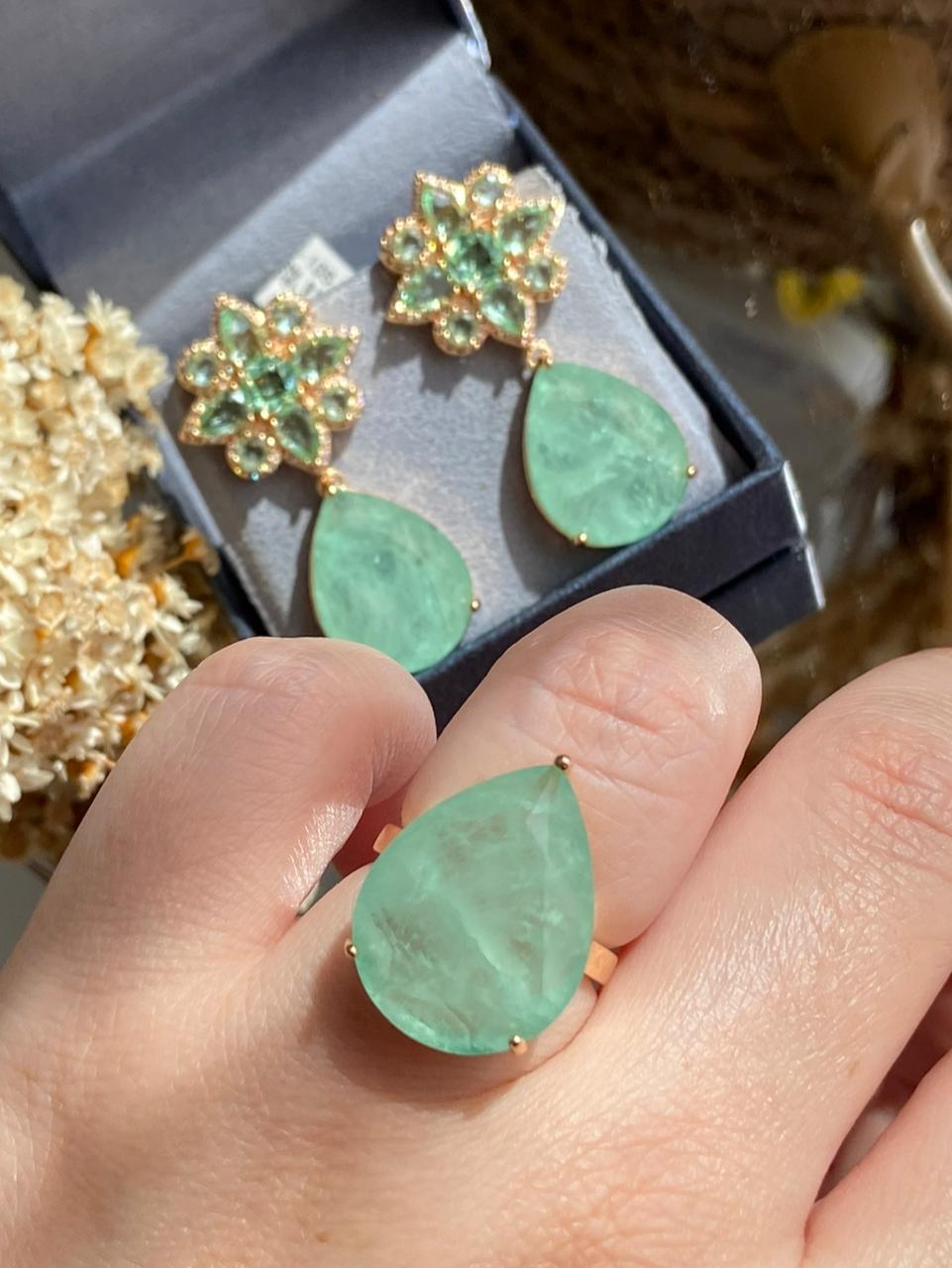 Conjunto Brinco e Anel Turmalina Verde