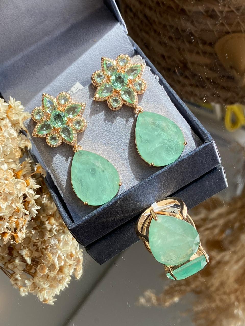 Conjunto Brinco e Anel Turmalina Verde