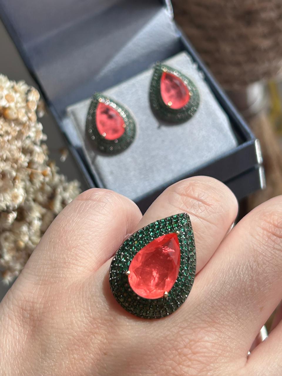 Conjunto Brinco e Anel Gota Verde e Tangerina