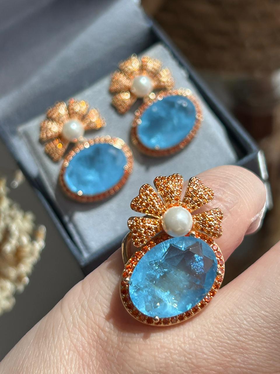 Conjunto Brinco e AnelTanzanita Fusion e Tangerina