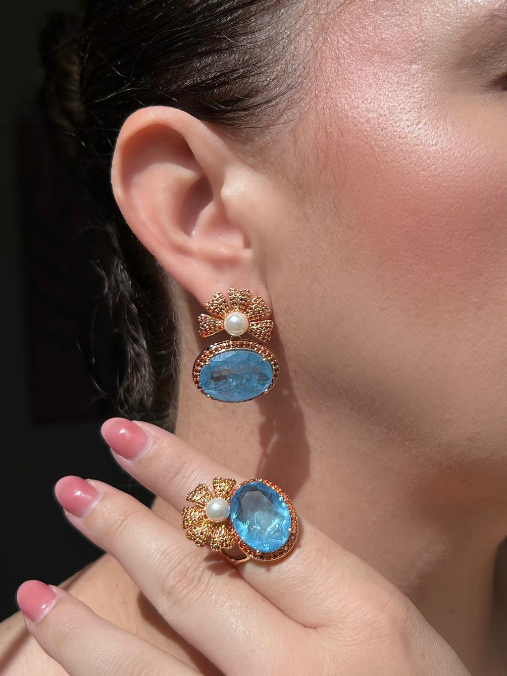 Conjunto Brinco e AnelTanzanita Fusion e Tangerina