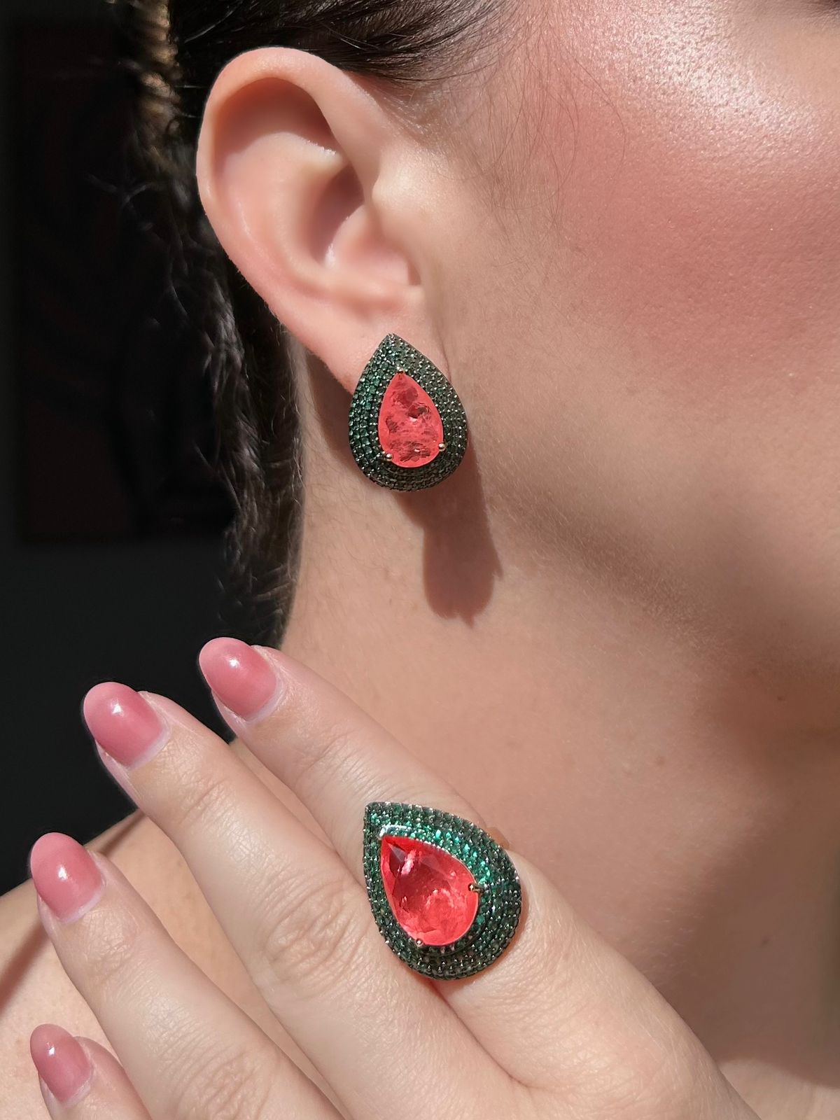 Conjunto Brinco e Anel Gota Verde e Tangerina