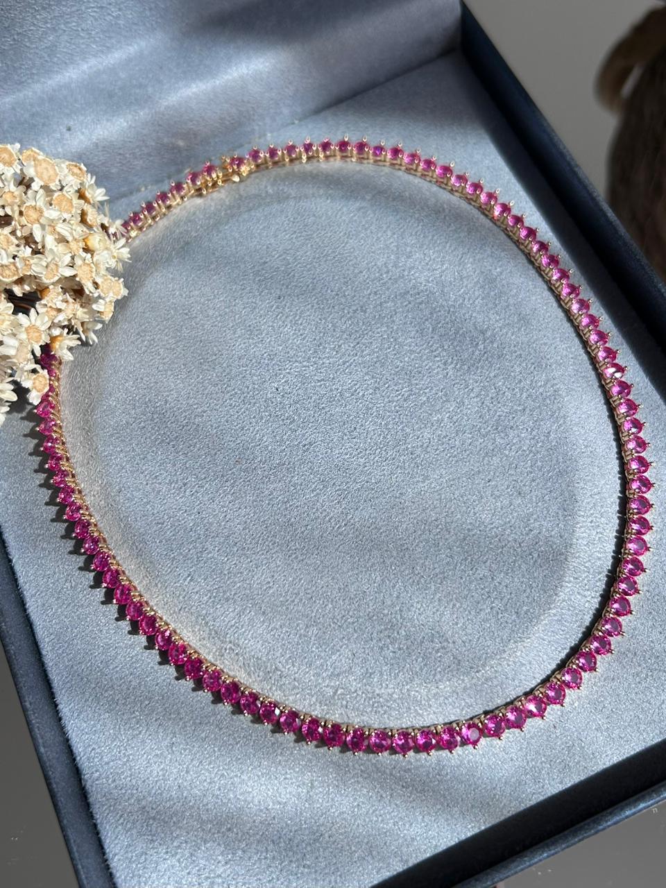 Colar Riviera 3 Garras Safira Rosa/Pink Dourado