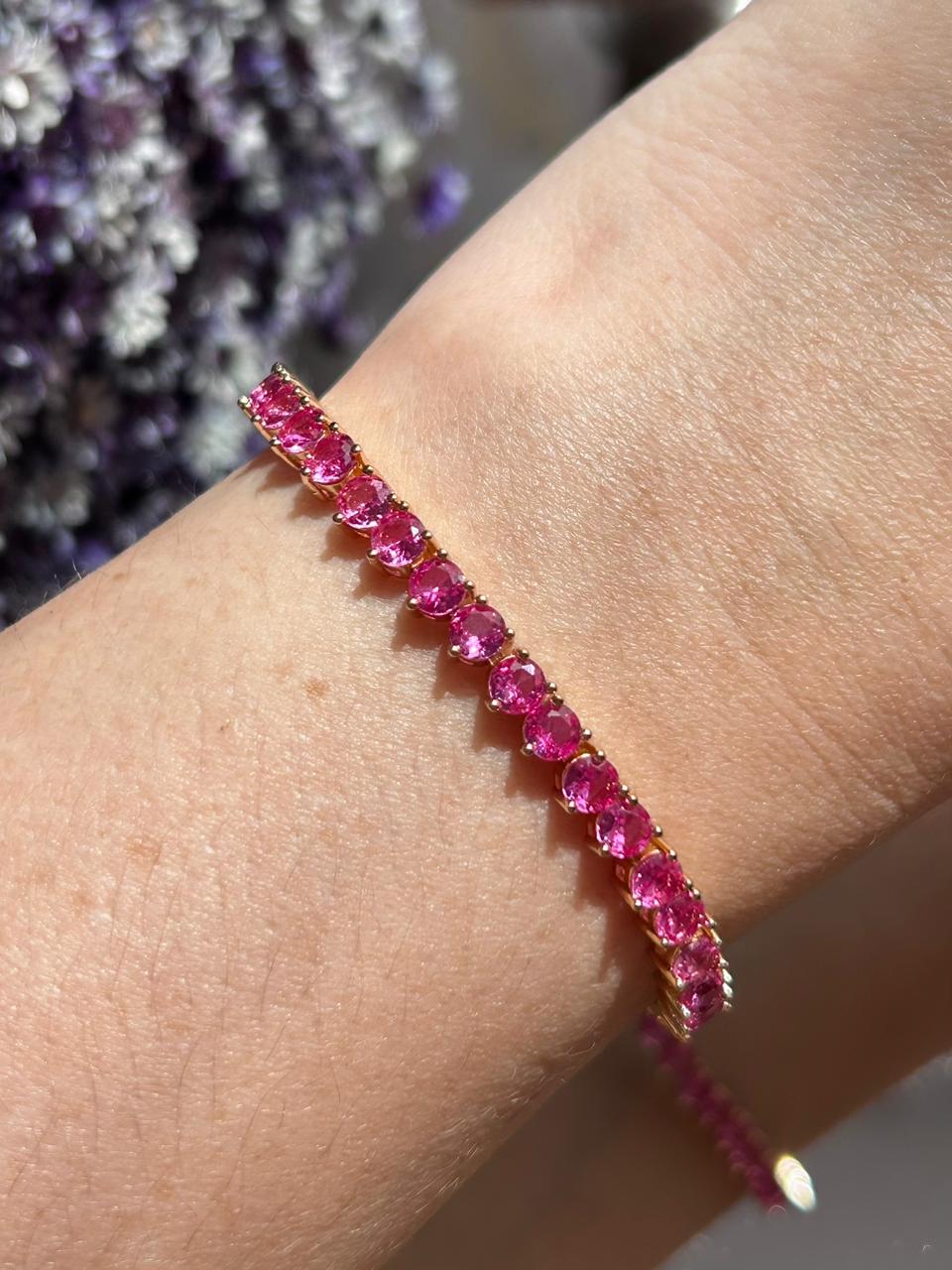 Pulseira Riviera 3 Garras Safira Rosa/Pink Dourado