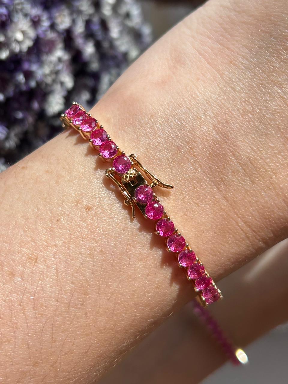 Pulseira Riviera 3 Garras Safira Rosa/Pink Dourado