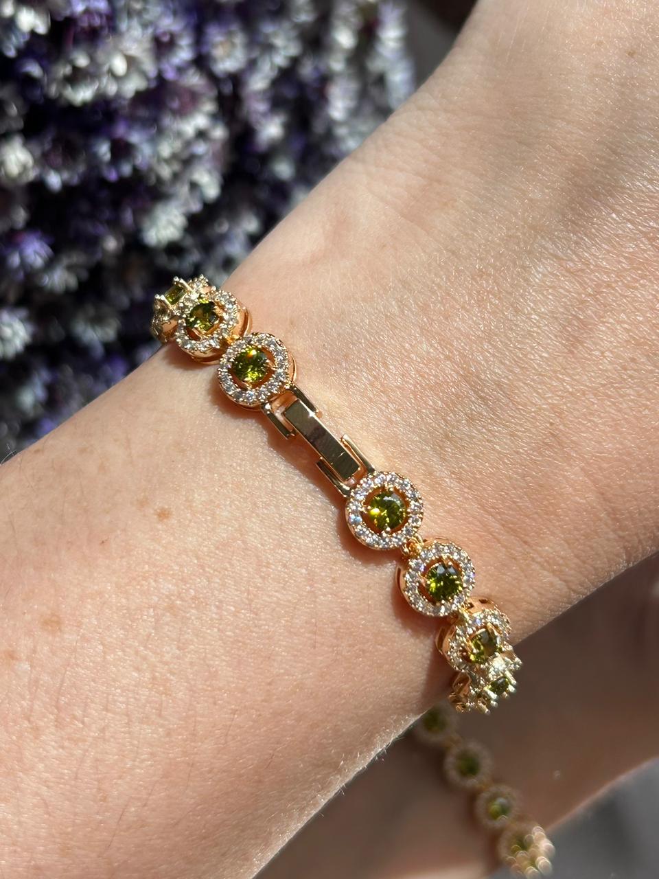 Pulseira Riviera Pedras Redondas Verde Peridoto Dourado