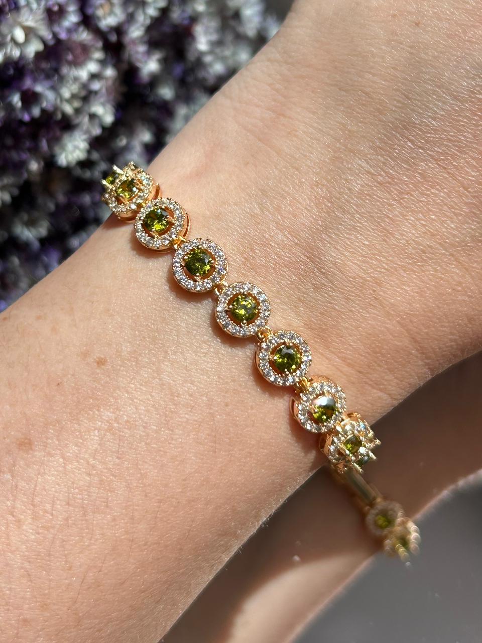 Pulseira Riviera Pedras Redondas Verde Peridoto Dourado