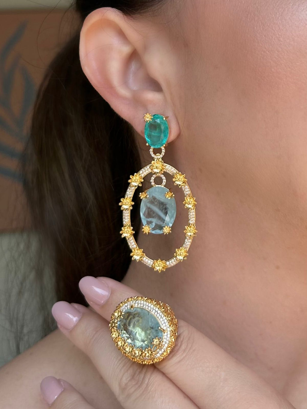 Conjunto Brinco e Anel Flores do Oriente Turmalina Azul