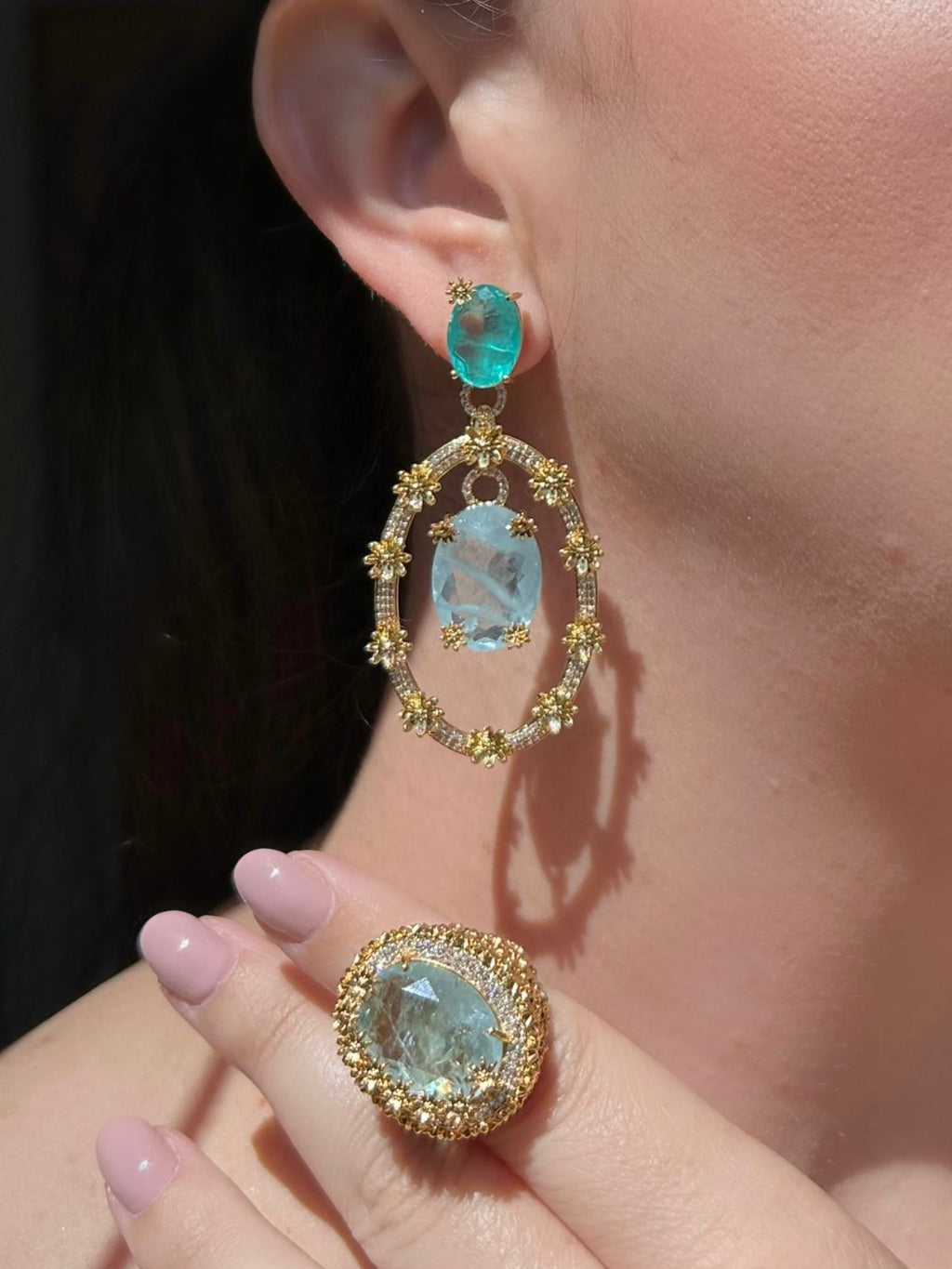 Conjunto Brinco e Anel Flores do Oriente Turmalina Azul