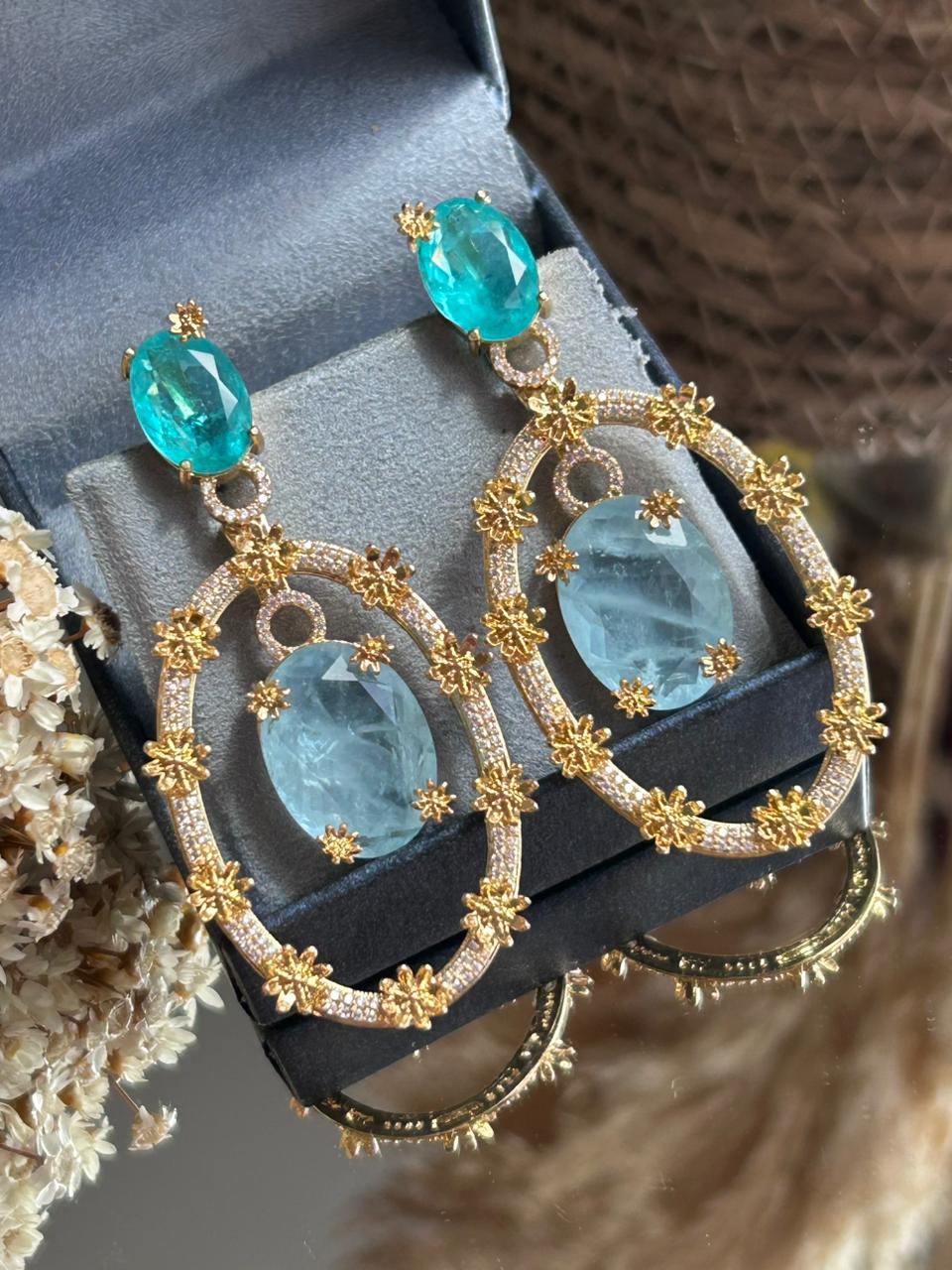 Conjunto Brinco e Anel Flores do Oriente Turmalina Azul