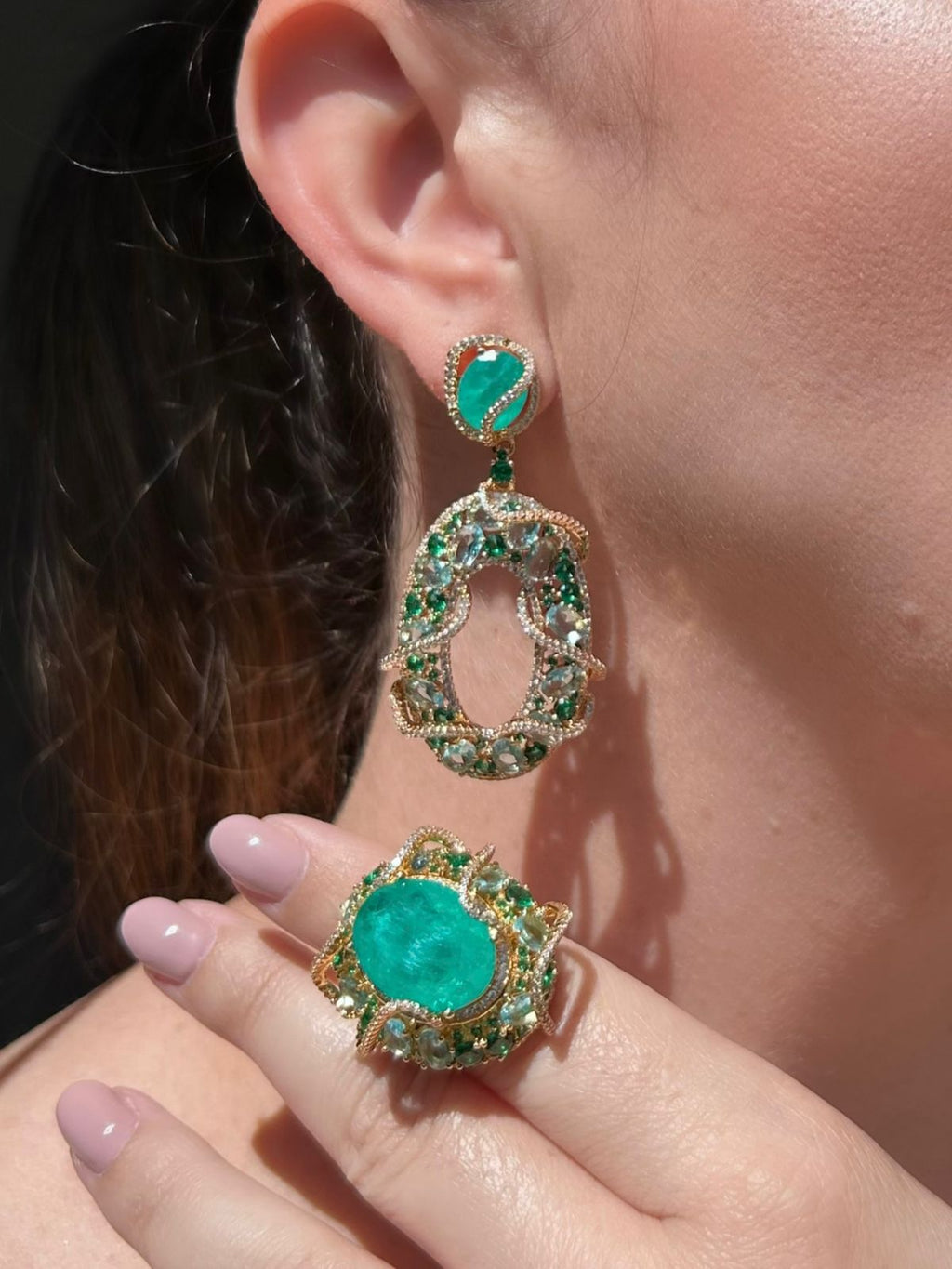 Conjunto Brinco e Anel Detalhes Turmalina