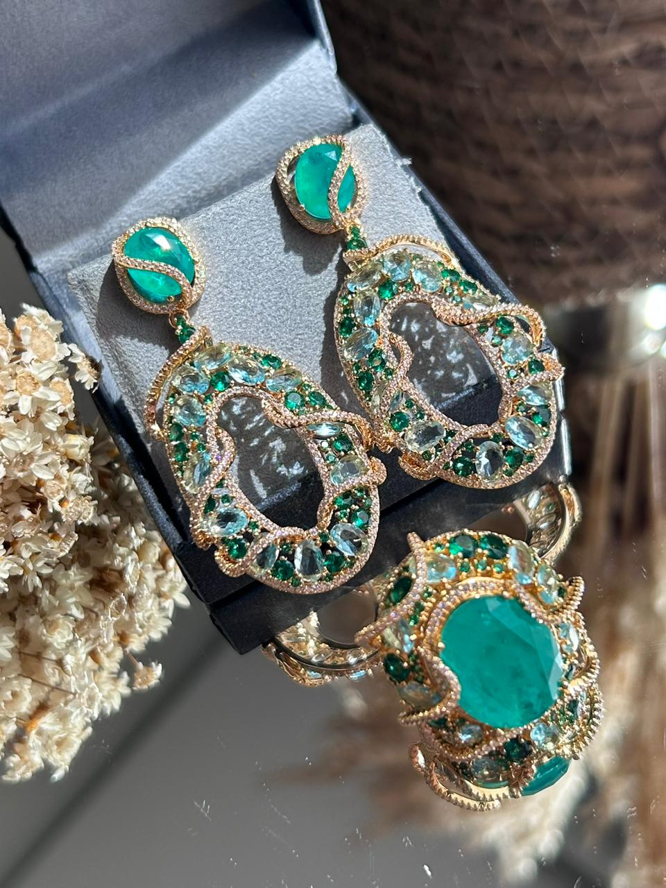 Conjunto Brinco e Anel Detalhes Turmalina