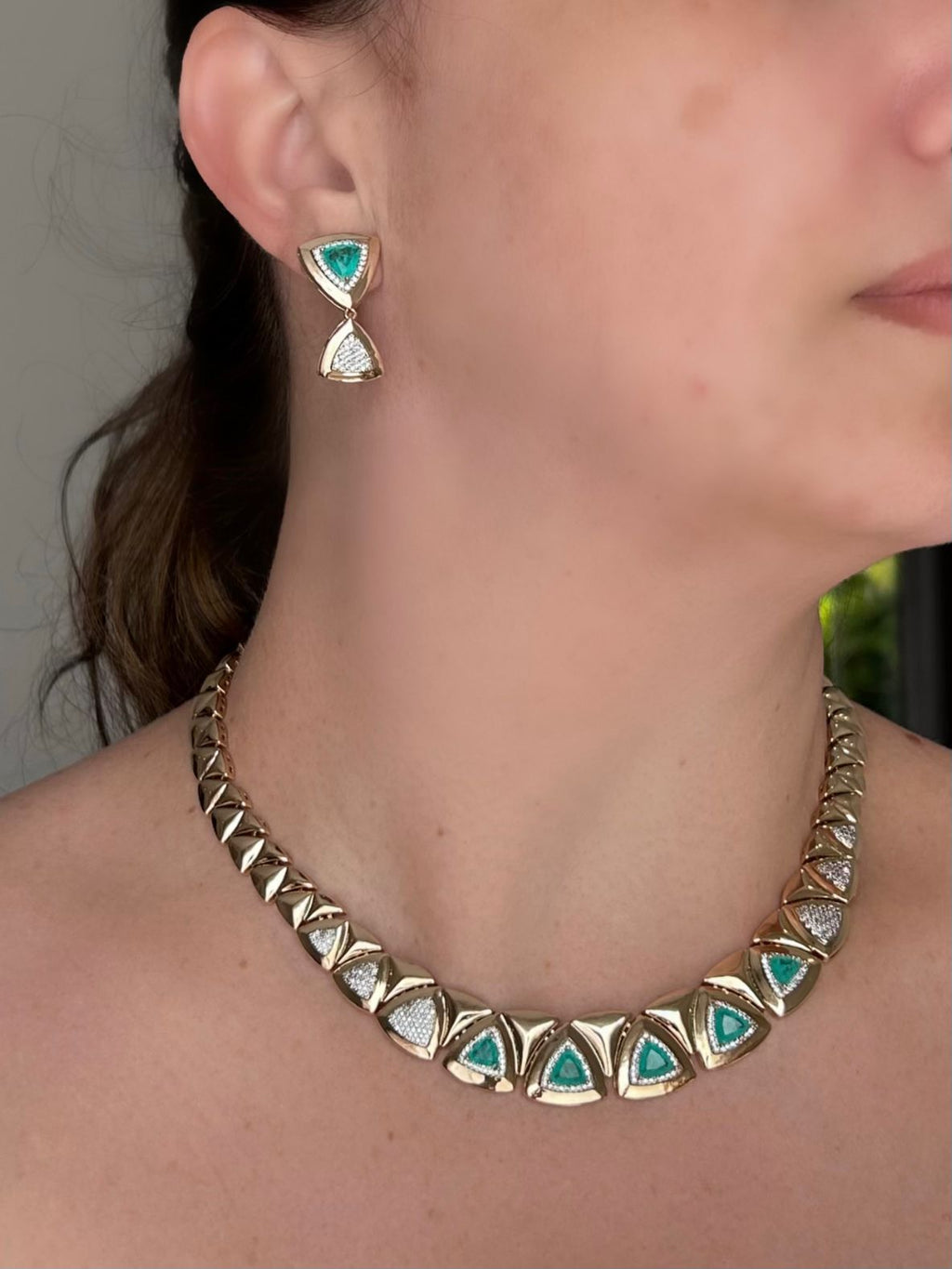 Conjunto Brinco e Colar Triangulo Turmalina