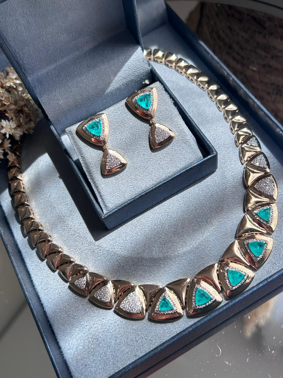 Conjunto Brinco e Colar Triangulo Turmalina