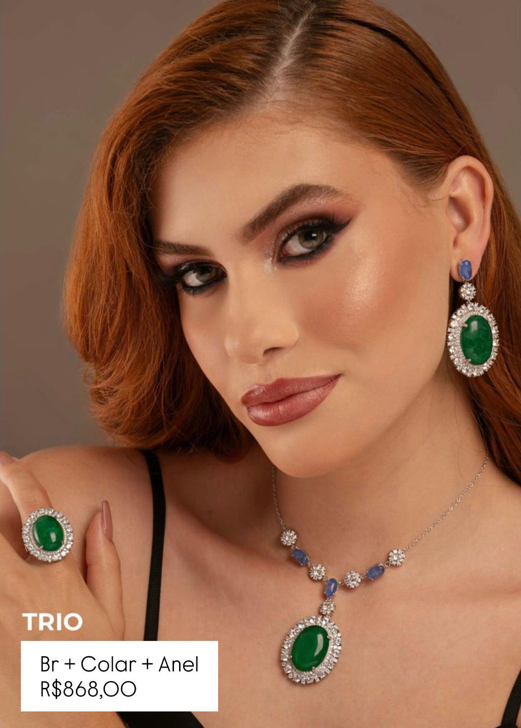 Conjunto Brinco, Colar e Anel Esmeralda com detalhes Tanzanita