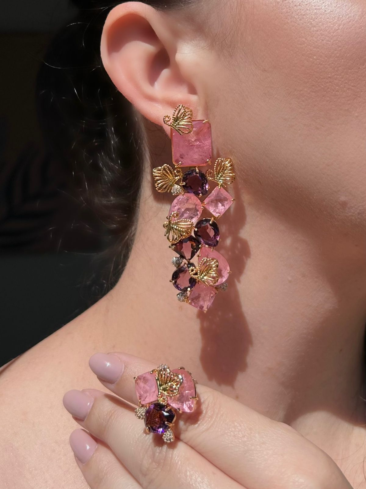 Conjunto Brinco e Anel Ametista e Rosa