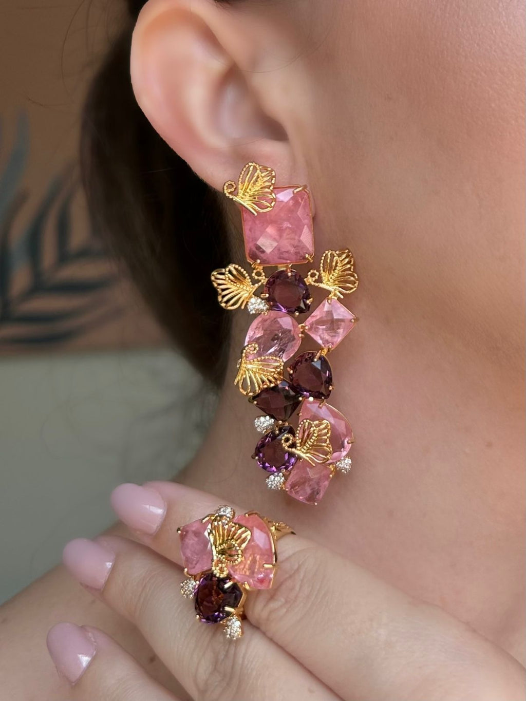 Conjunto Brinco e Anel Ametista e Rosa