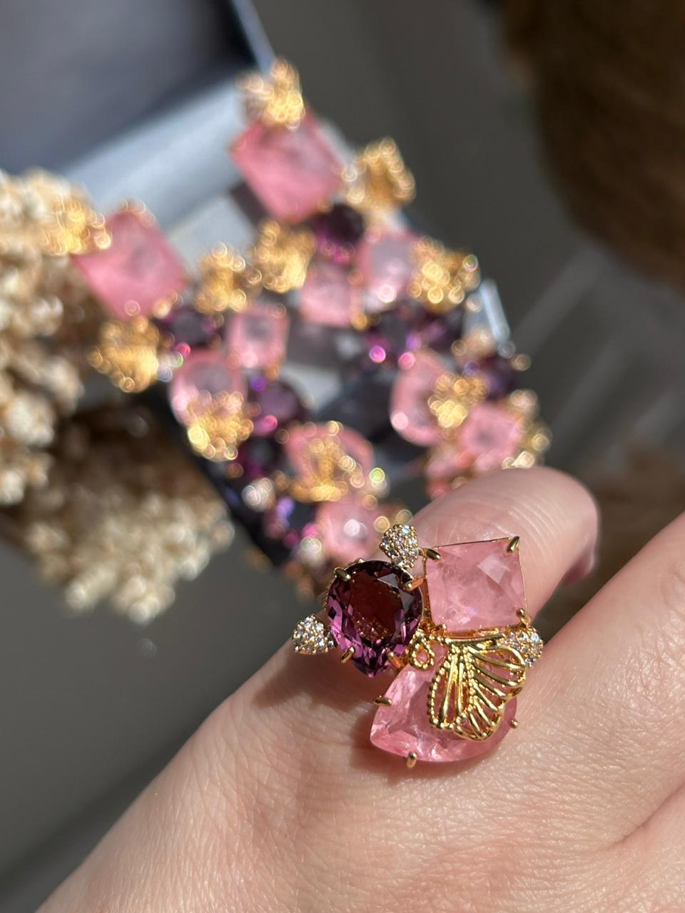 Conjunto Brinco e Anel Ametista e Rosa