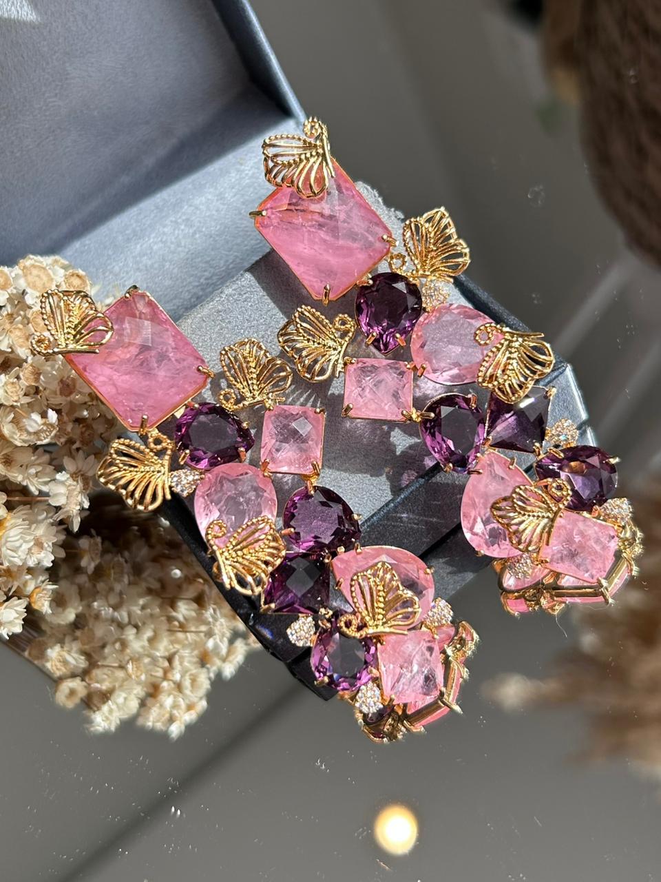 Conjunto Brinco e Anel Ametista e Rosa