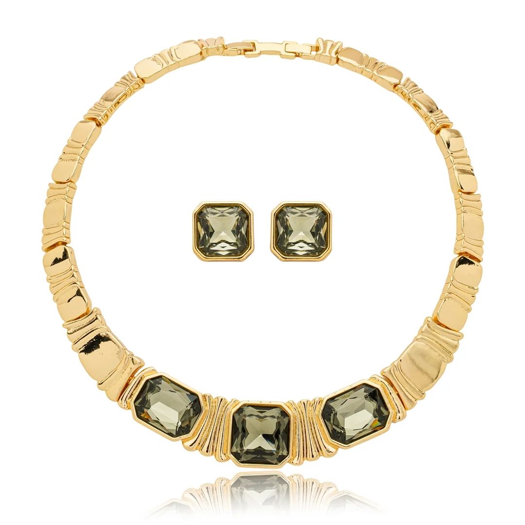 Conjunto Brinco e Colar Aro Pedra Fumê