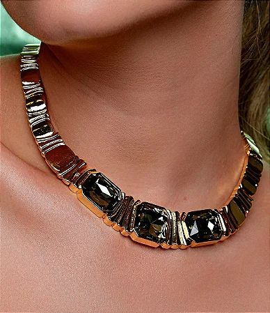 Conjunto Brinco e Colar Aro Pedra Fumê