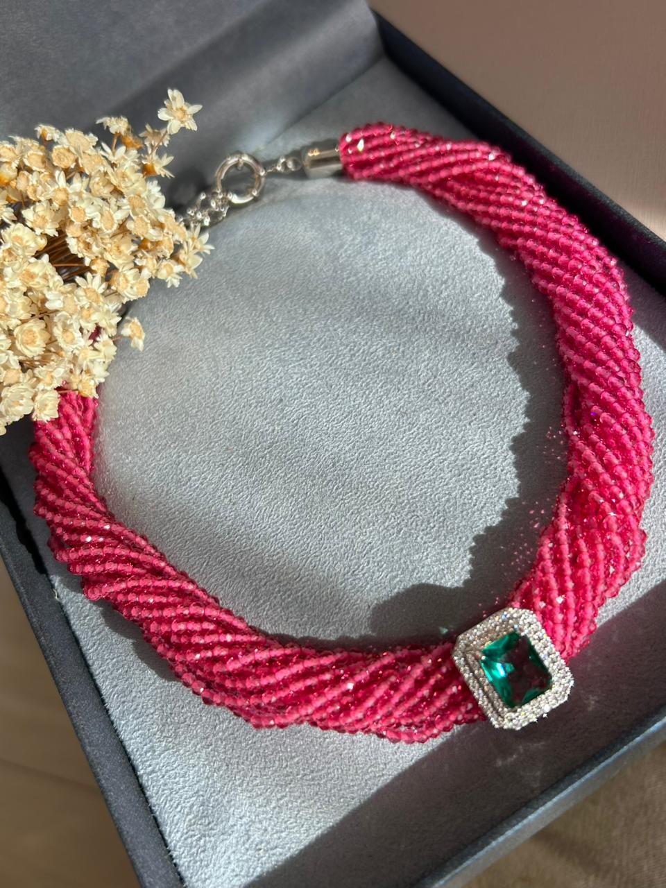 Colar Cristais Pink Pingente Removível Turmalina