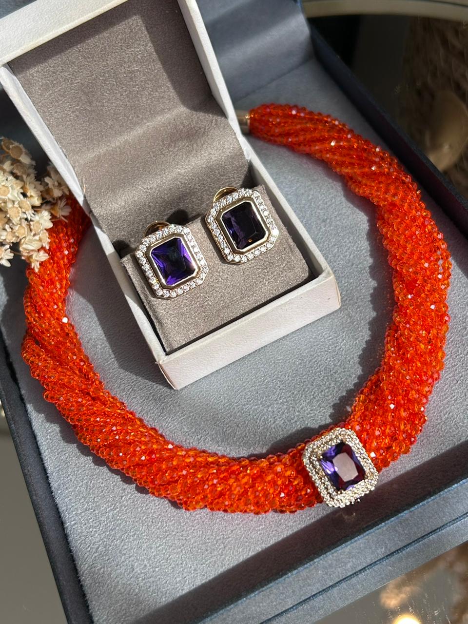 Conjunto Brinco e Colar Cristais Coral e Pingente Ametista