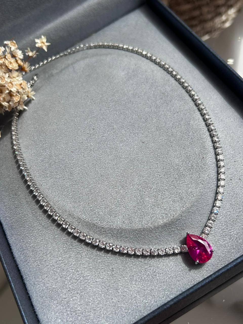 Colar Riviera Pedra Gota Safira Rosa/pink