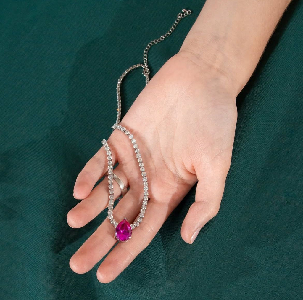 Colar Riviera Pedra Gota Safira Rosa/pink