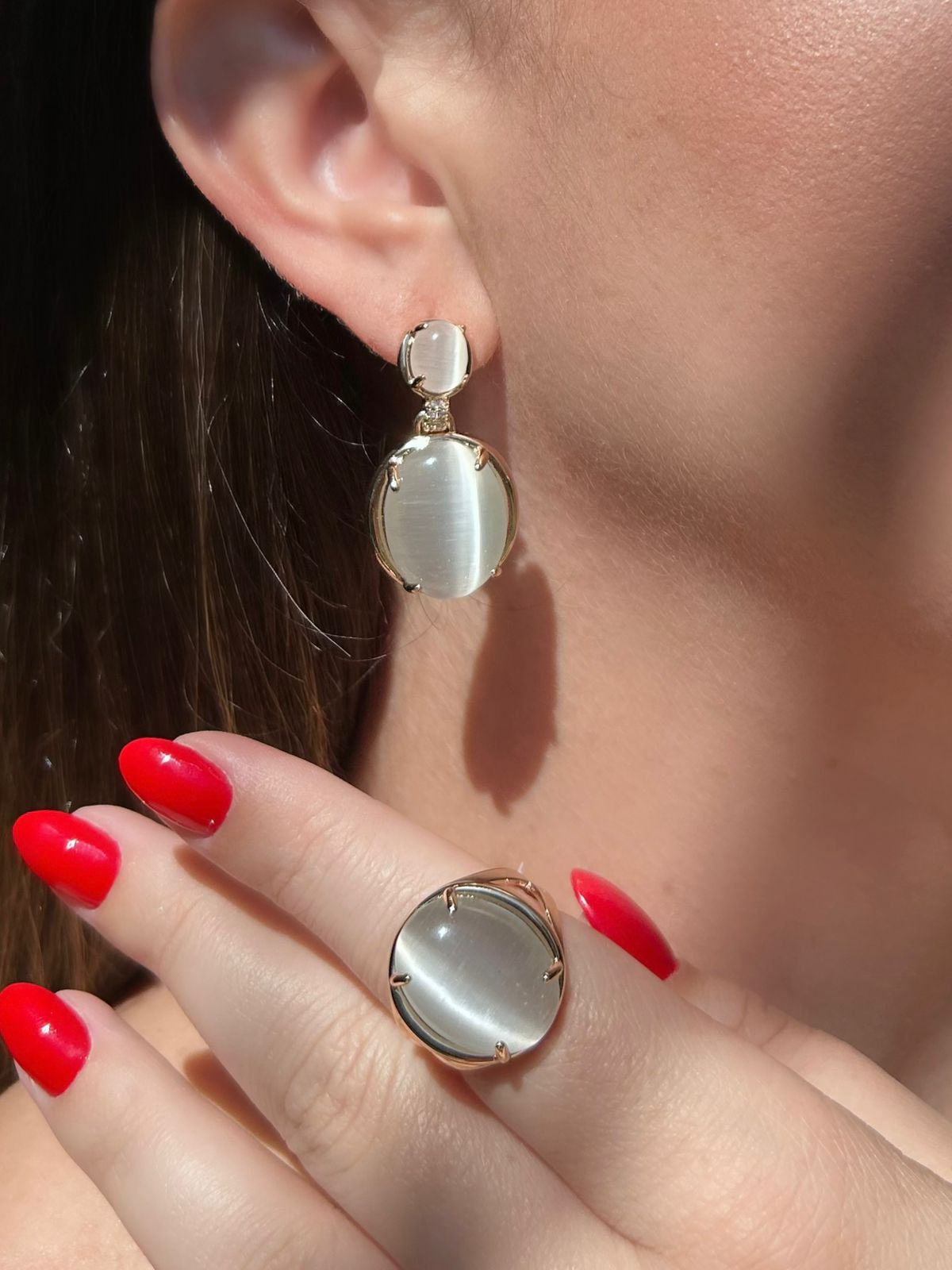 Conjunto Oval Pedra Olho de Gato