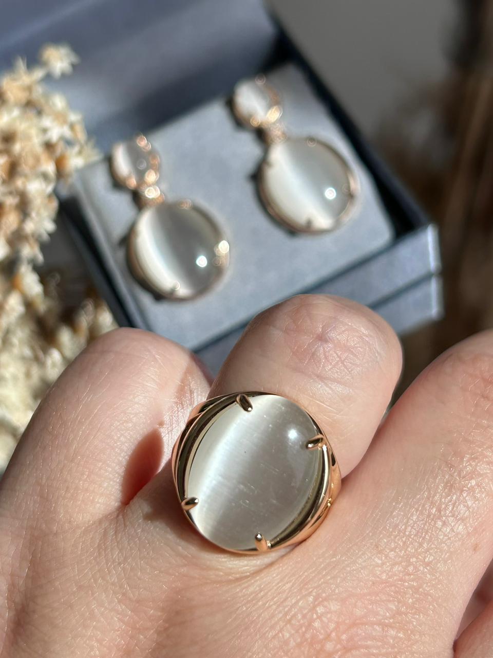 Conjunto Oval Pedra Olho de Gato