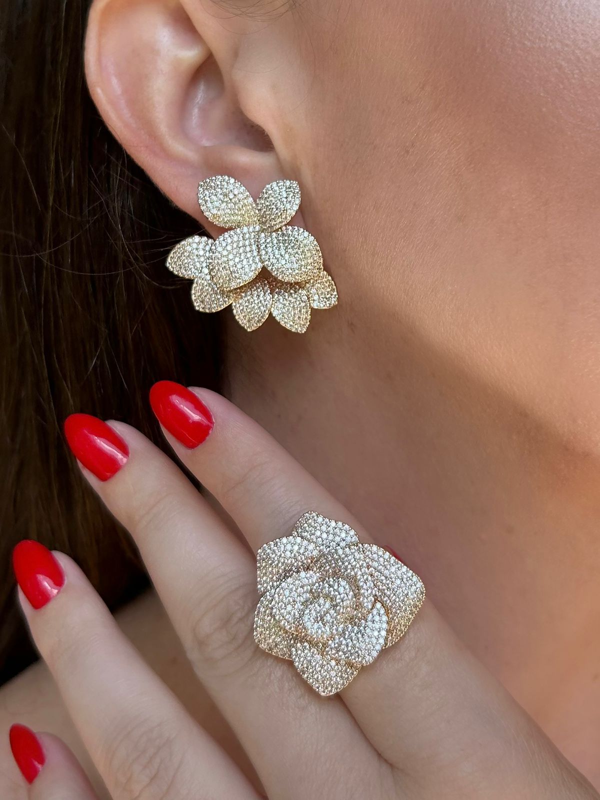 Conjunto Brinco 2 em 1 e Anel Lírio