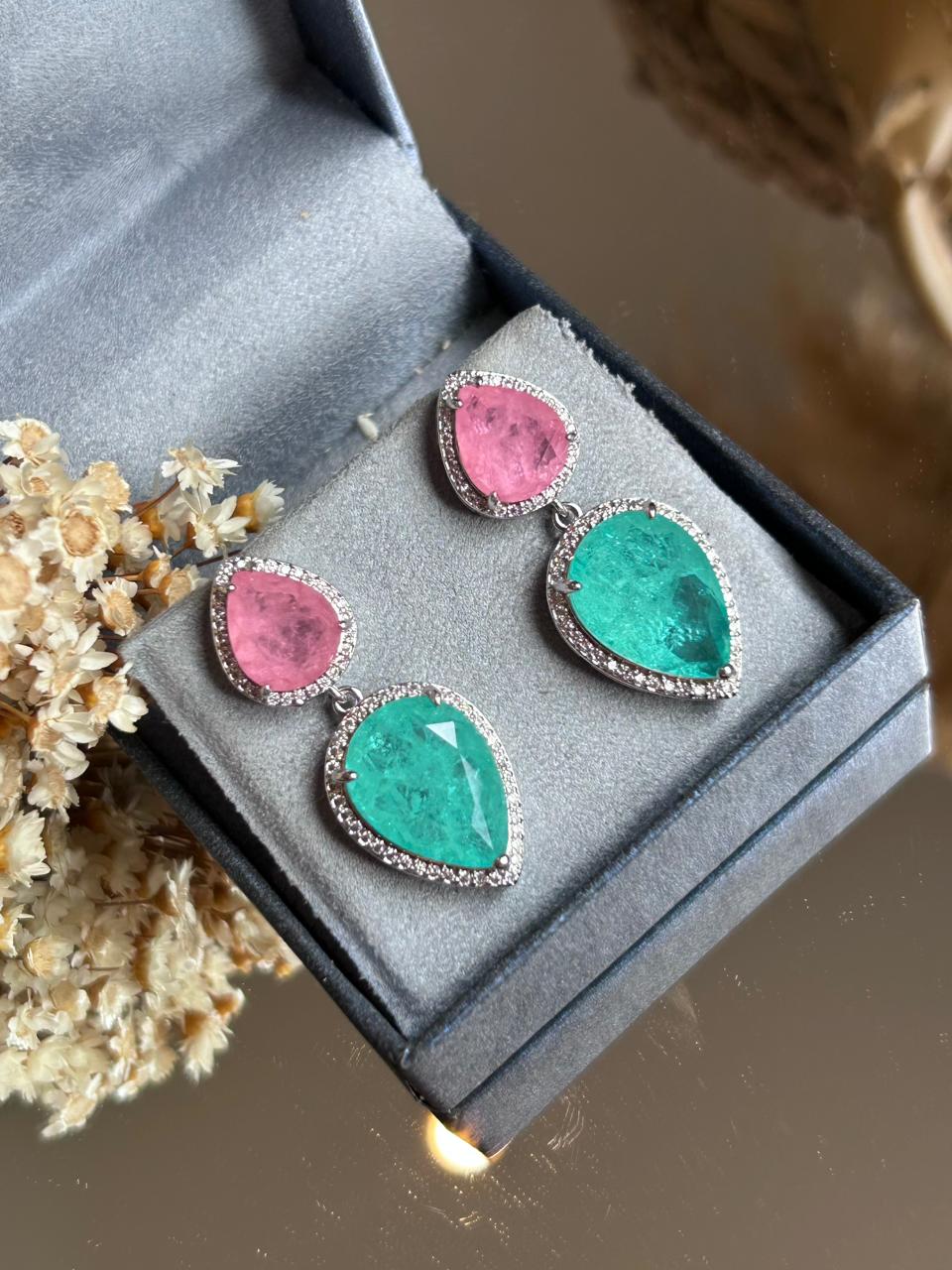 Brinco Duas Gotas Turmalina e Rosa