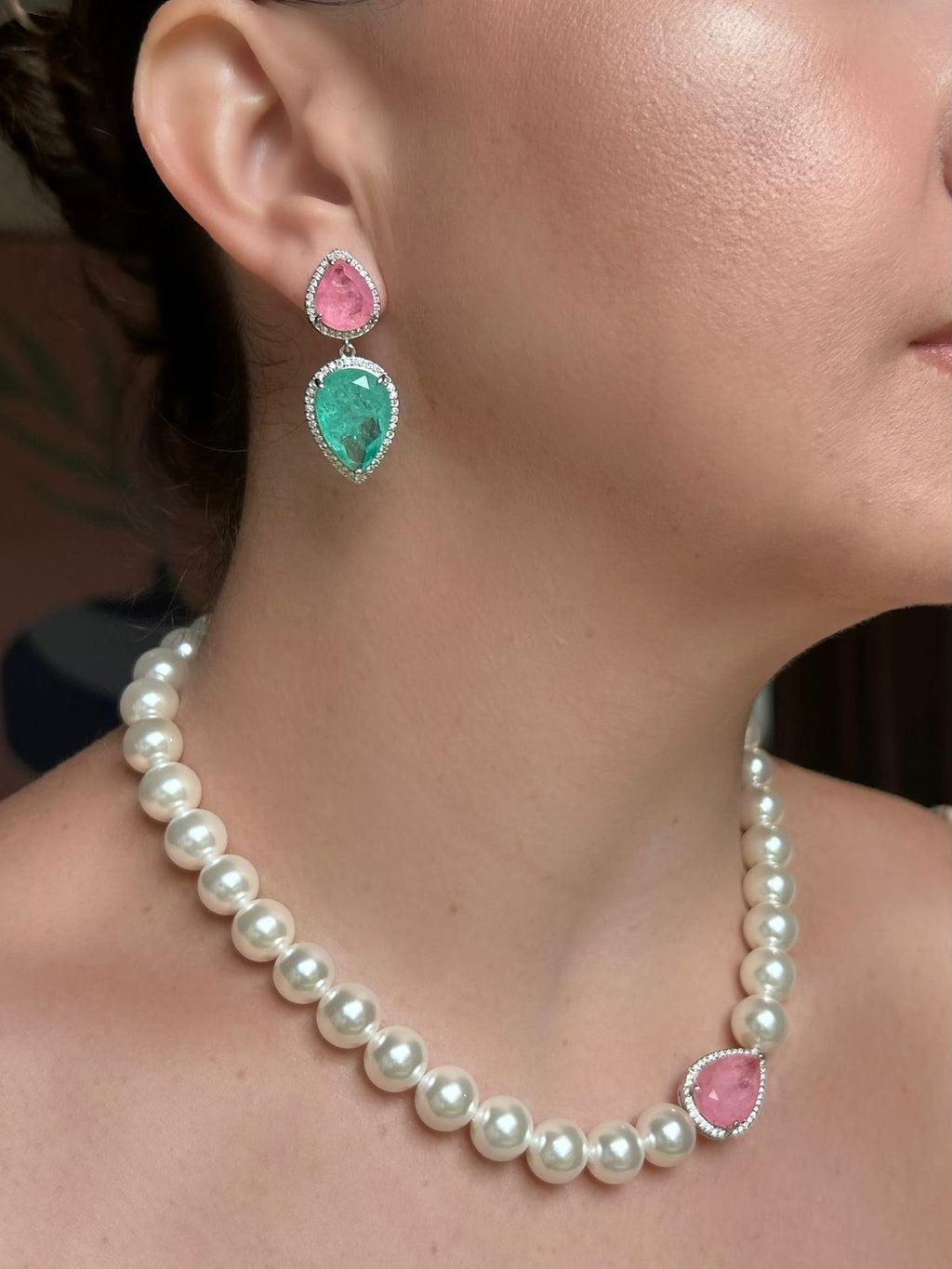 Brinco Duas Gotas Turmalina e Rosa