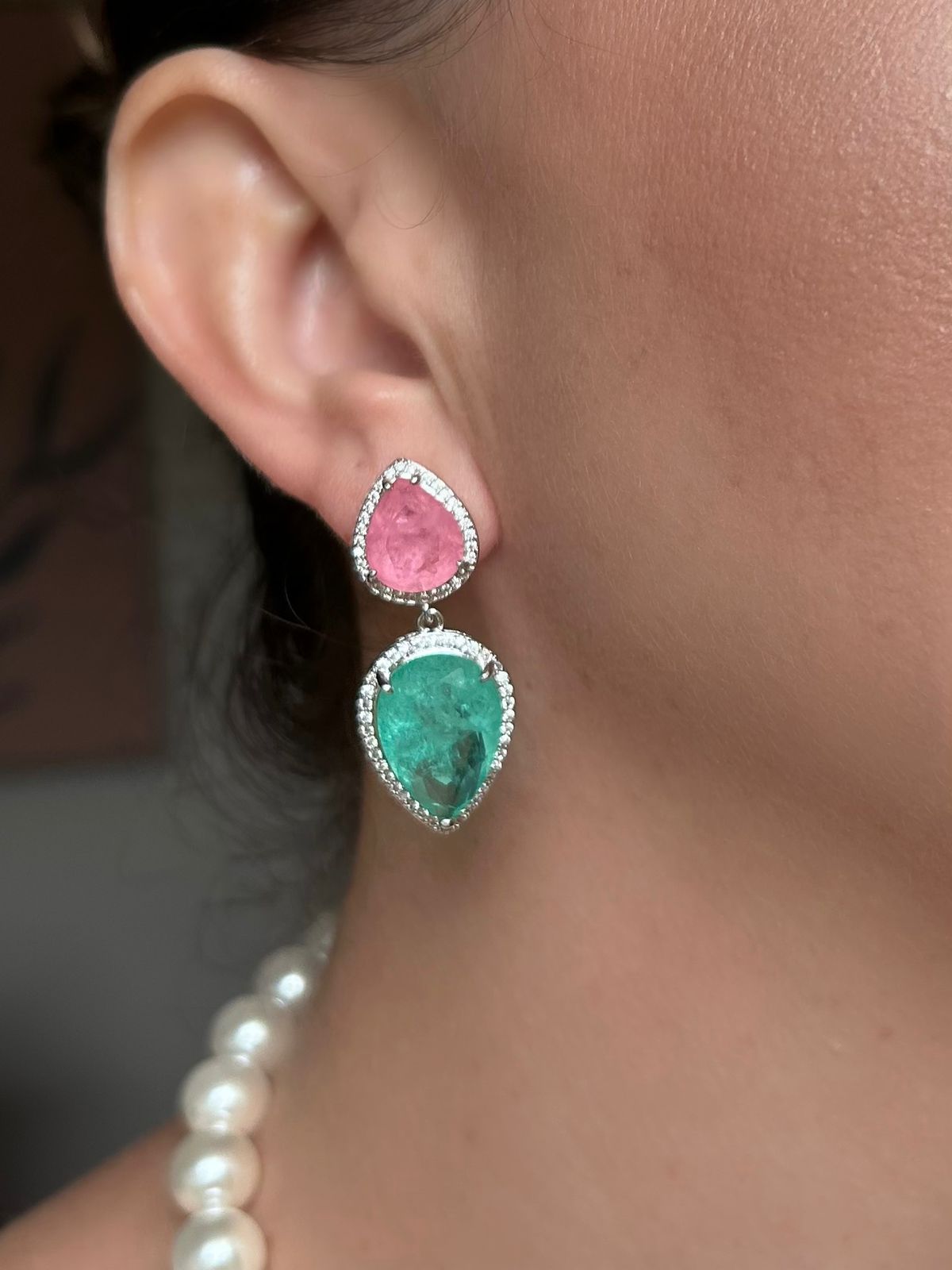 Brinco Duas Gotas Turmalina e Rosa