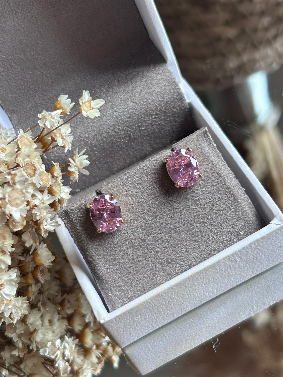 Brinco Solitário Oval Kunzita M Dourado