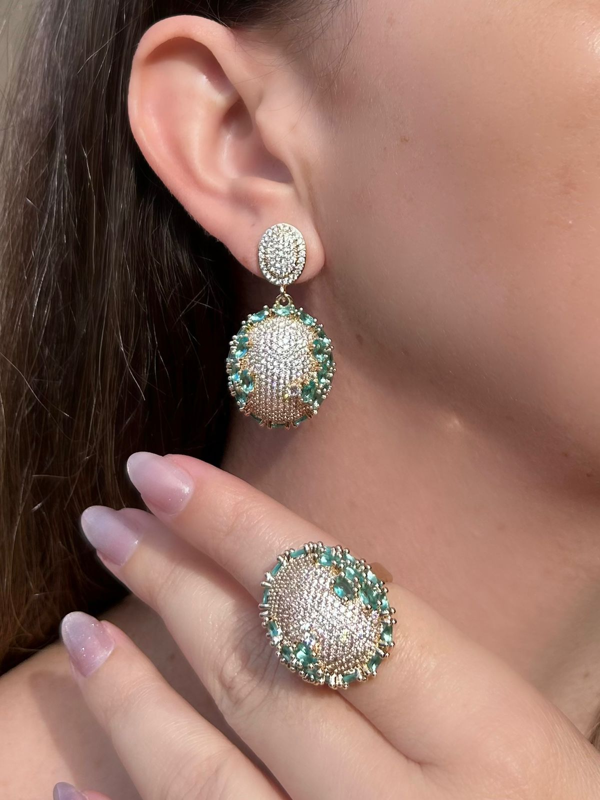 Conjunto Brinco e Anel Oval Detalhes Turmalina