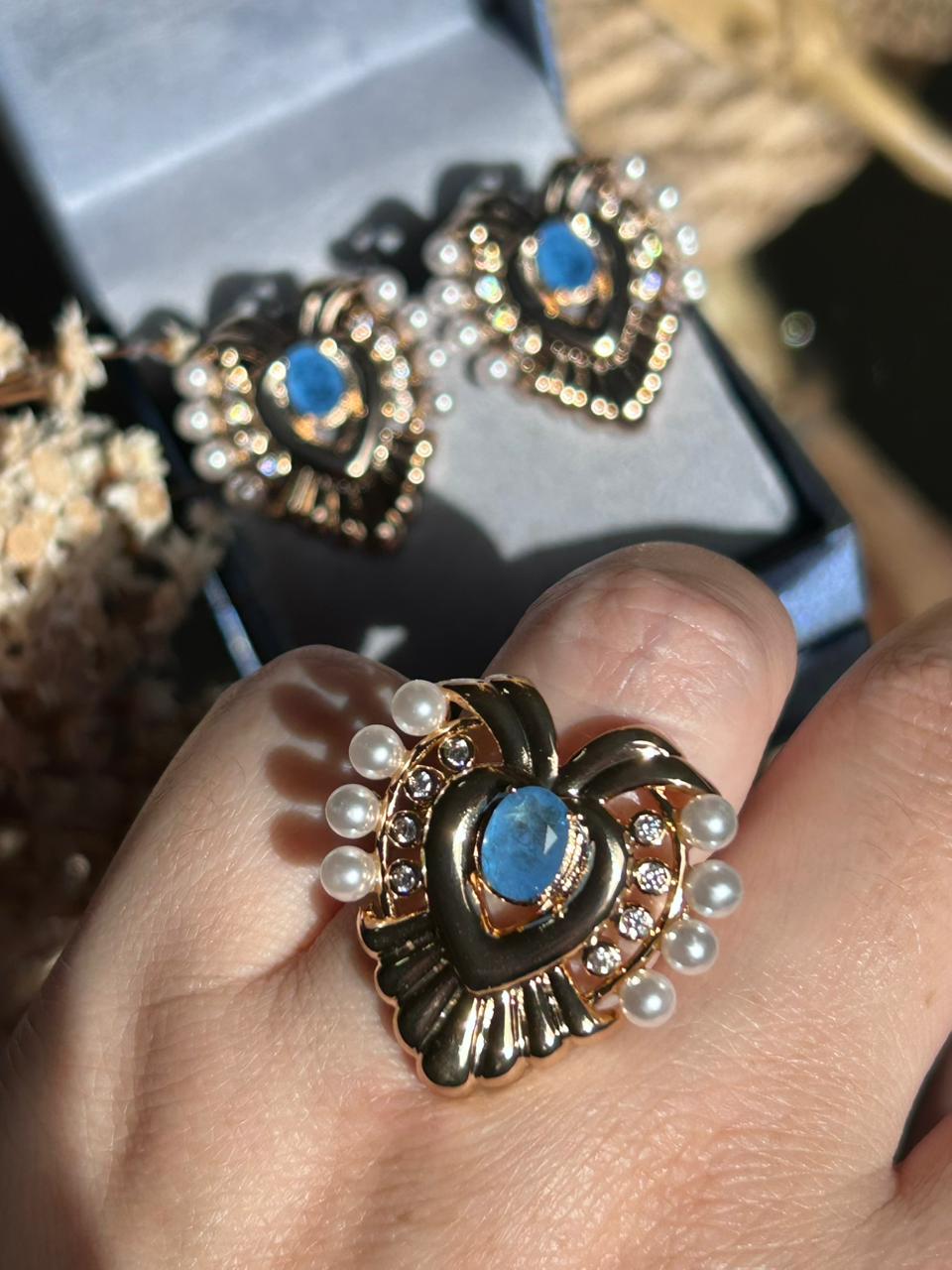 Conjunto Brinco e Anel Coração Pedra Tanzanita Fusion