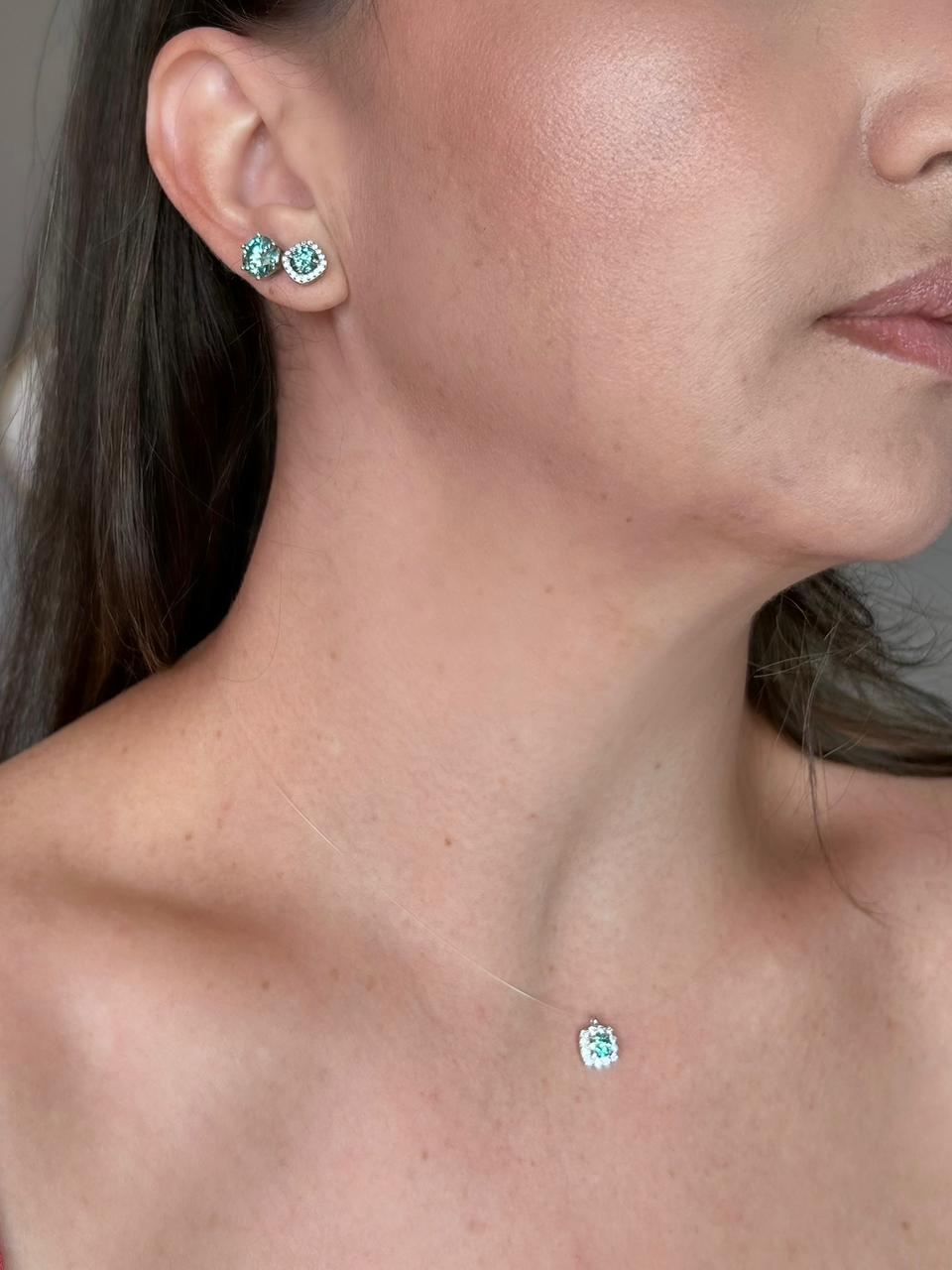 Colar Solitário Moissanite Fio de Nylon Bluish Green 6mm 0,8ct