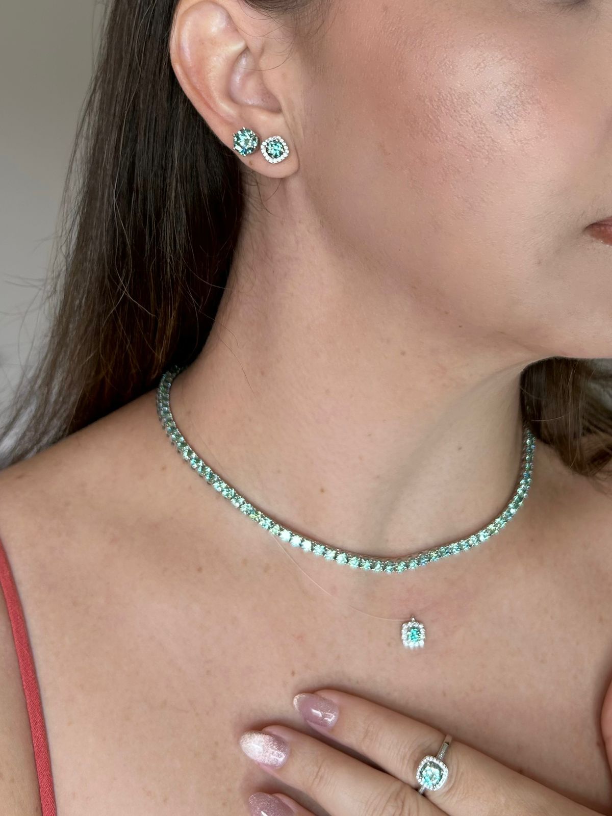 Colar Solitário Moissanite Fio de Nylon Bluish Green 6mm 0,8ct