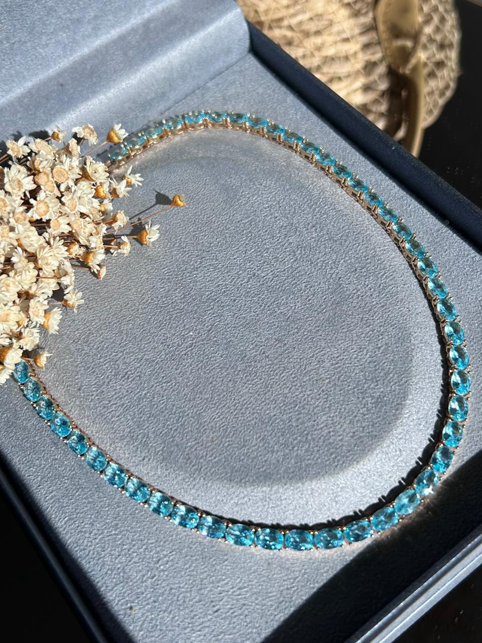 Conjunto Brinco e Colar Azul/Agua Marinha Dourado
