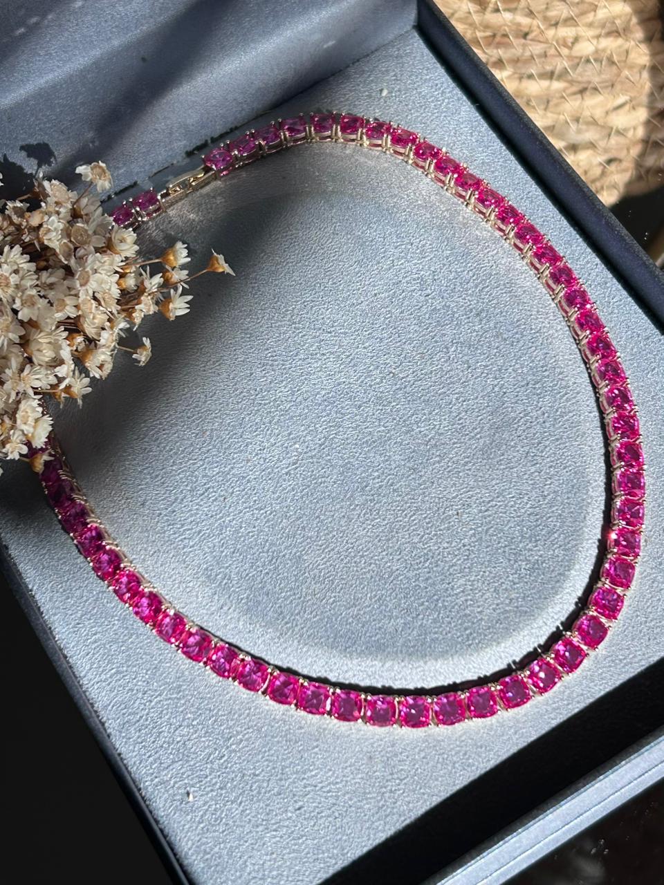 Colar Riviera 6mm Safira Rosa/pink Dourada