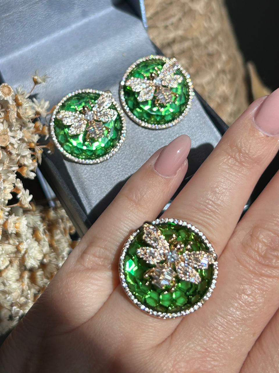 Conjunto Brinco e Anel Vespa Cristal Verde