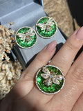 Conjunto Brinco e Anel Vespa Cristal Verde