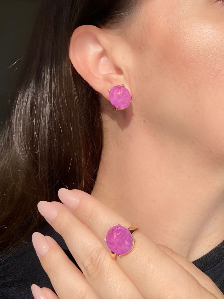 Conjunto Solitário Oval Fúcsia