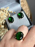 Conjunto Solitário Oval Verde Esmeralda