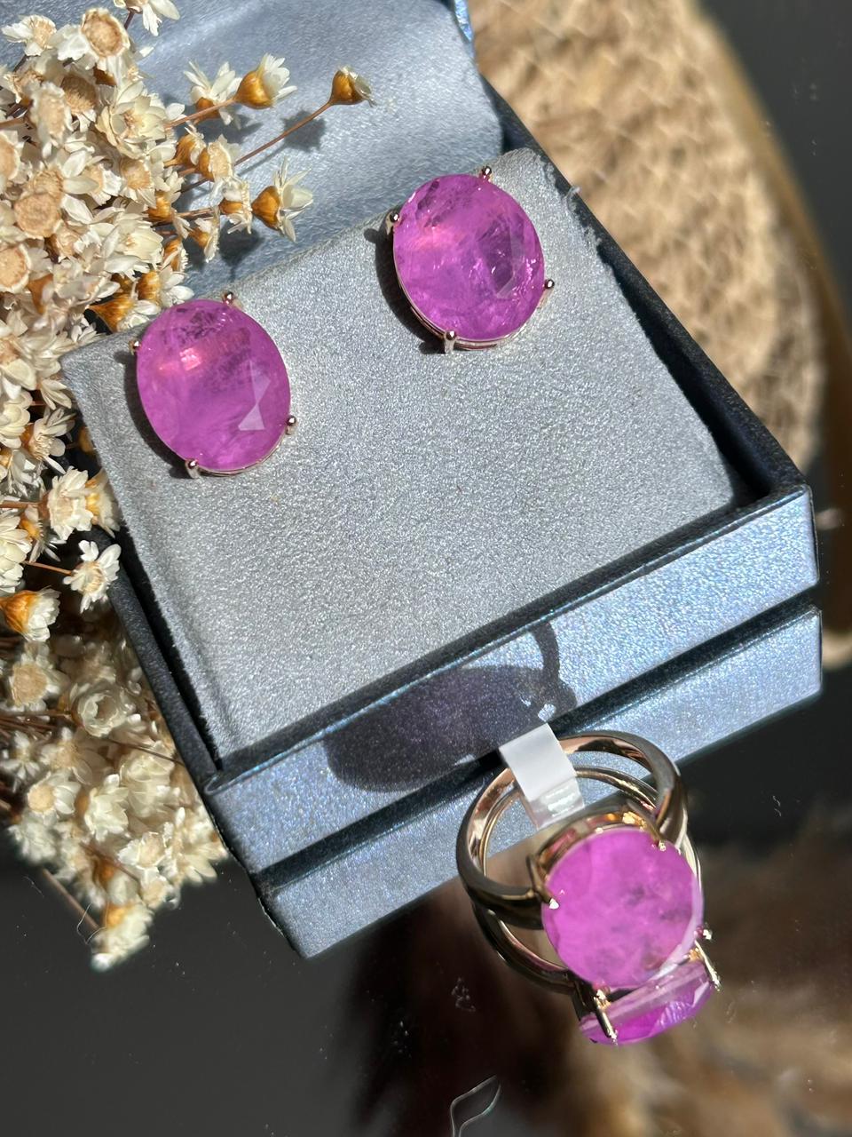 Conjunto Solitário Oval Fúcsia