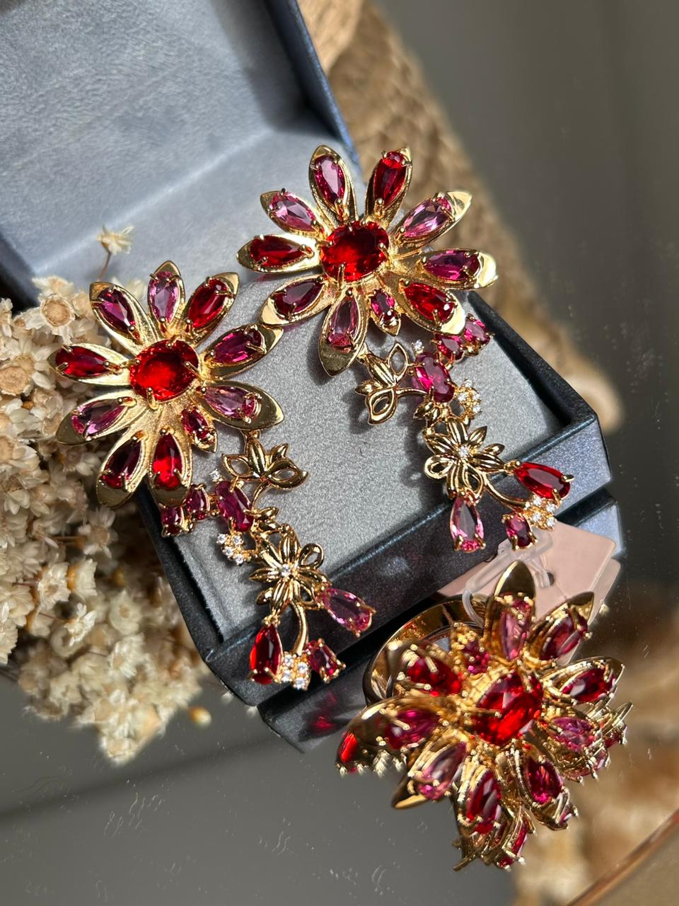 Conjunto Brinco e Anel Bianca Rubi e Pink